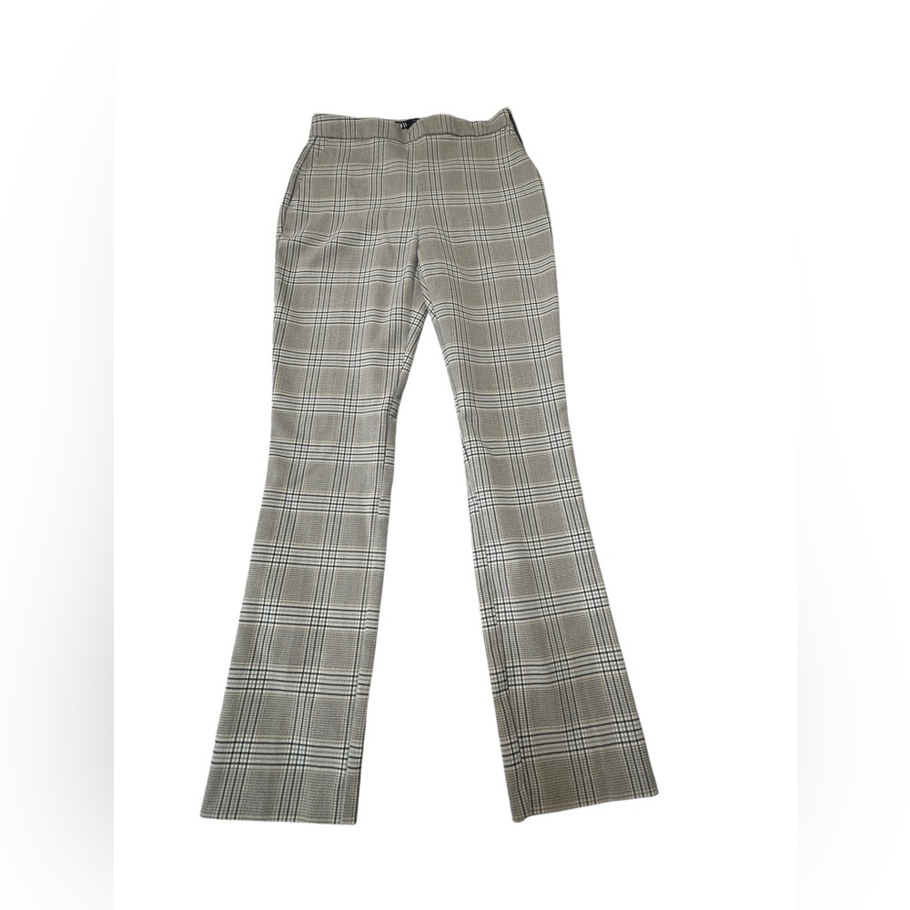 Zara Plaid Boot-Cut Pants in Gray and Cream